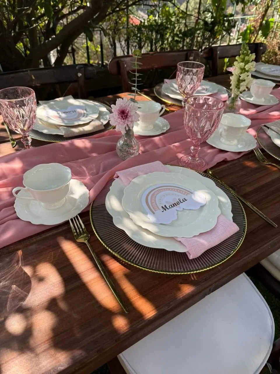 Baby shower con platos Paula, tazas Lazio y copas Verona rosas