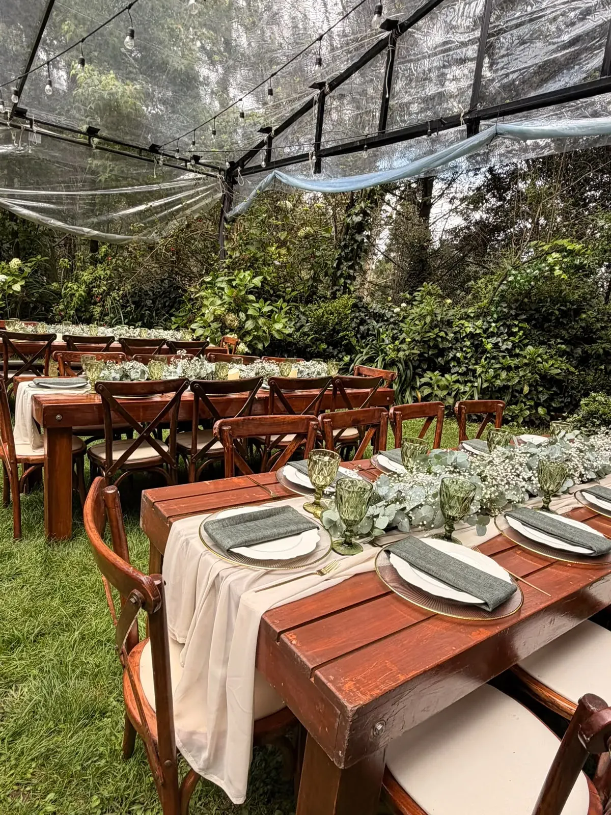 Boda en jardín con copas verdes y eucalipto