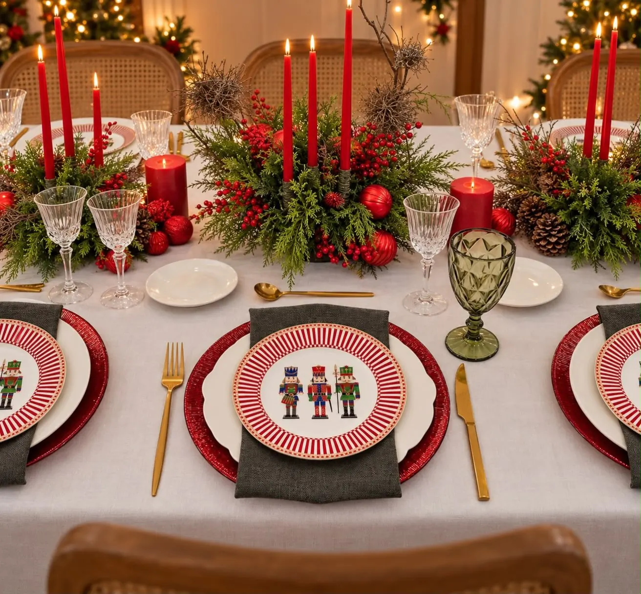 Mesa navideña con platos de cascanueces, velas rojas y centro de mesa de pino